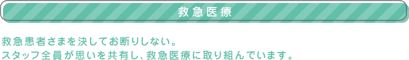 【救急医療】救急患者さまを決してお断りしない。スタッフ全員が思いを共有し、救急医療に取り組んでいます。