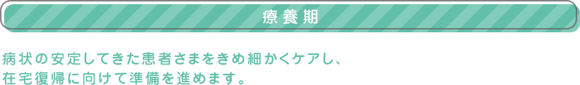 【療養期】病状の安定してきた患者さまをきめ細かくケアし、
在宅復帰に向けて準備を進めます。